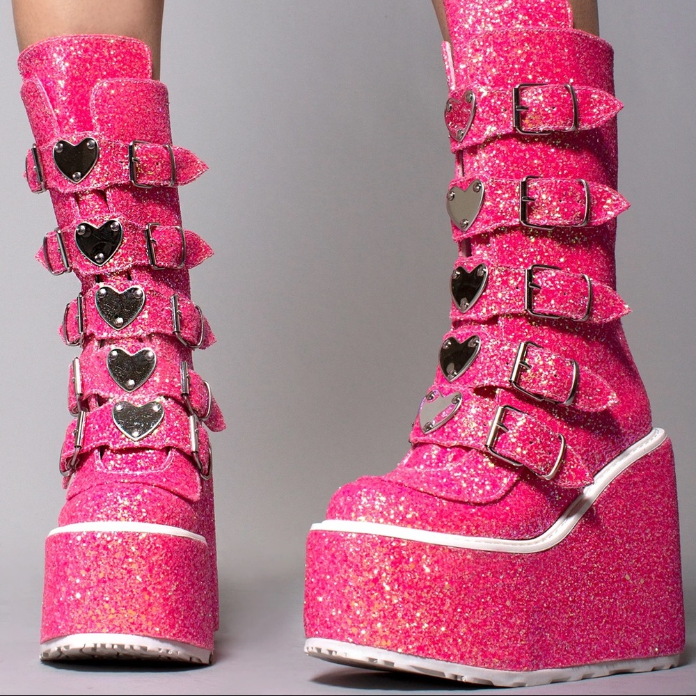 Demonia Swing-230G Pink Glitter Platform Boots
